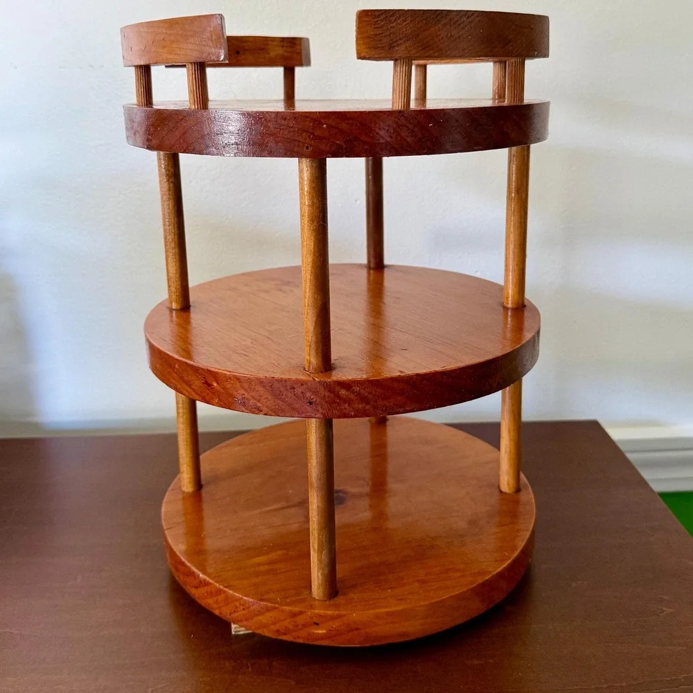 Vintage MCM Wooden Lazy Susan Turntable Kitchen Organizer with Rails 12.5